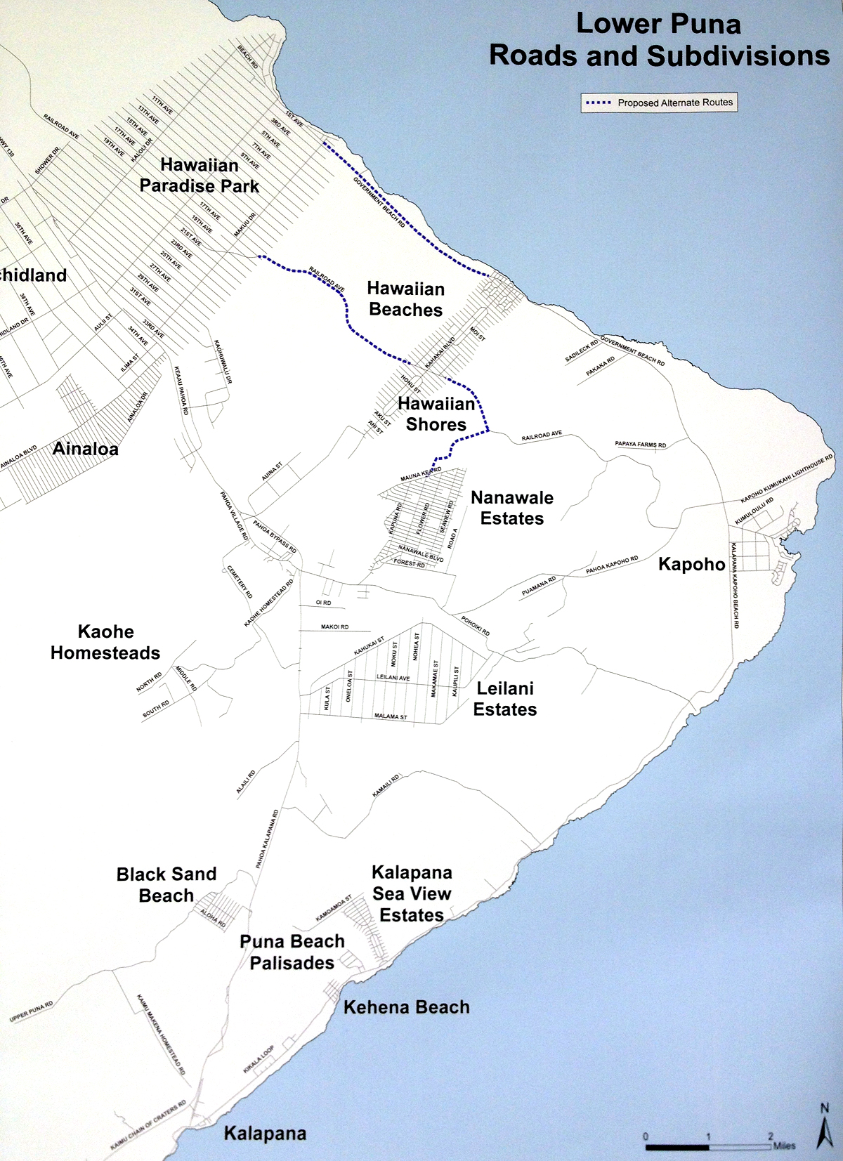 Photograph of an official Hawaii County map showing planned roadwork. Much of it is already well underway.