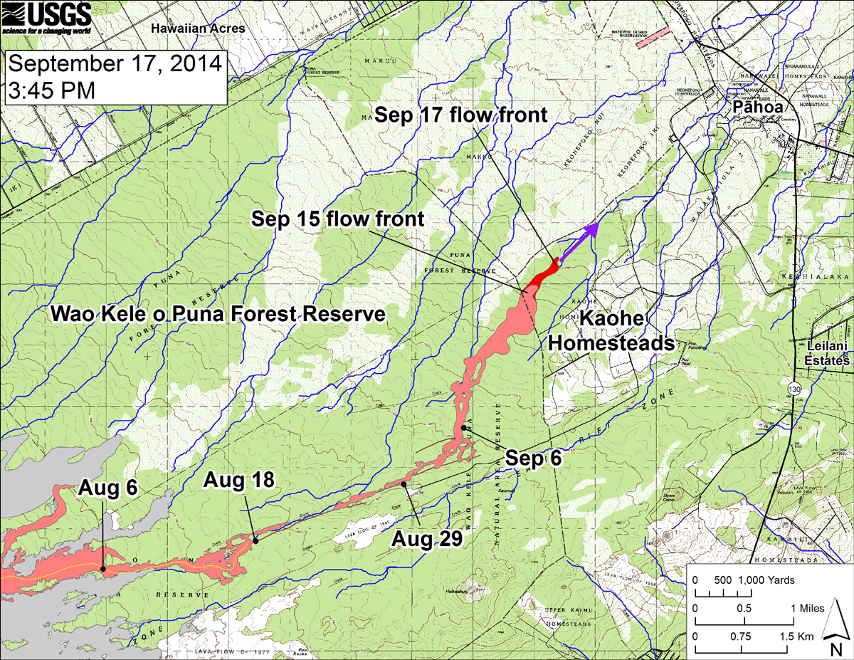 USGS HVO: "This large-scale map shows the distal part of the June 27th flow in relation to nearby Puna communities. The black dots mark the flow front on specific dates. The latitude and longitude of the flow front on September 17 was 19.4737016 /-154.977834 (Decimal degrees; WGS84). The blue lines show down-slope paths calculated from a 1983 digital elevation model (DEM; for calculation details, see http://pubs.usgs.gov/of/2007/1264/). Down-slope path analysis is based on the assumption that the digital elevation model (DEM) perfectly represents the earth's surface. But, DEMs are not perfect, so the blue lines on this map indicate approximate flow path directions. The purple arrow shows a short term projection of flow direction based on the flow behavior over the past several days and the local topography."