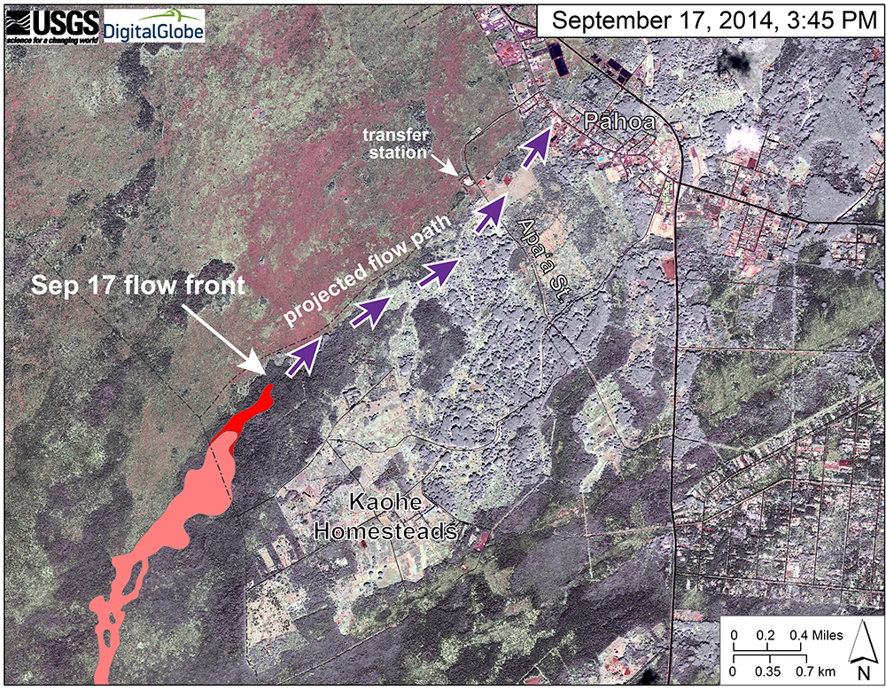 USGS HVO: "This map uses a satellite image acquired in March 2014 as a base image to show the area around the front of the June 27th lava flow. The purple arrows show the projected path of the flow over the coming two weeks, based on the current flow activity and local topography. Lava flow behavior is complex and this projection is subject to change. Satellite image provided by Digital Globe. "