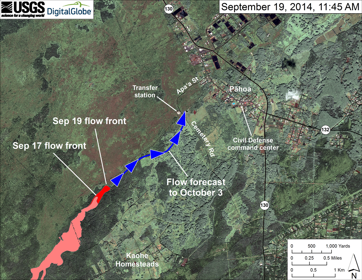 USGS HVO: "This map uses satellite imagery acquired in March 2014 as a base image to show the area around the front of the June 27th lava flow. The blue line and arrowheads show the projected path of the flow over the next two weeks (to October 3), based on the average flow rate over the last two days and the local topography. Lava flow behavior is complex and this projection is subject to change. Satellite image provided by Digital Globe."