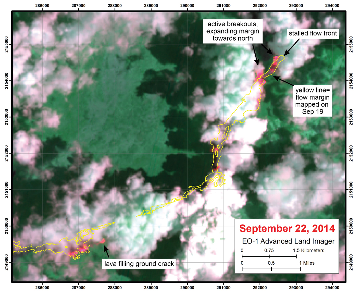 Courtesy USGS HVO: This satellite image was captured by the Advanced Land Imager instrument onboard NASA's Earth Observing 1 satellite. Although this is a false-color image, the color map has been chosen to mimic what the human eye would expect to see. Bright red pixels depict areas of very high temperatures, and show active lava. White areas are clouds. This image shows an example of the satellite data USGS uses to augment field observations, "but also shows one of the major limitations of satellite data - clouds."