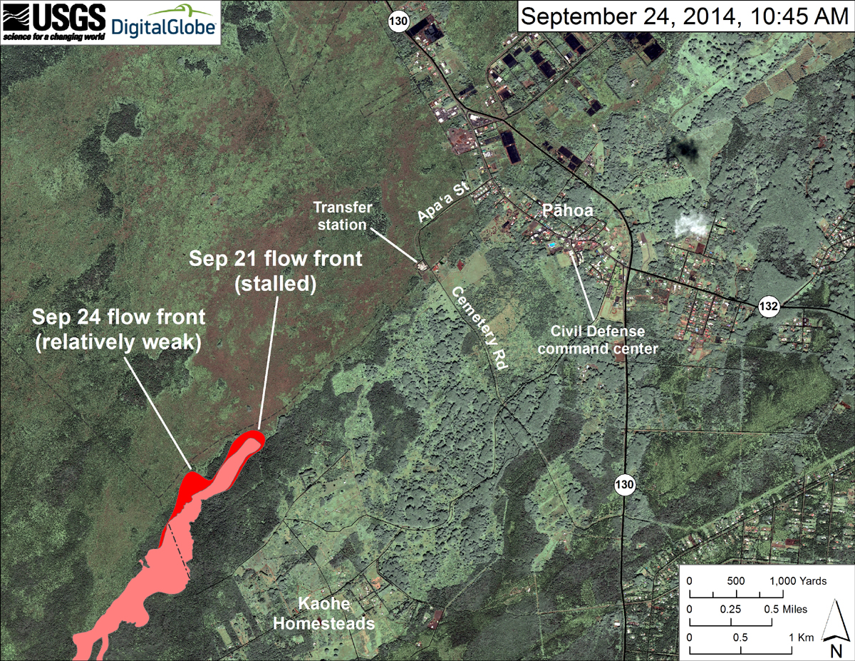 According to USGS HVO, "This map uses satellite imagery acquired in March 2014 (provided by Digital Globe) as a base image to show the area around the front of the June 27th lava flow. The flow front closest to the transfer station was inactive, but small, sluggish breakouts were scattered across the surface of the flow upslope from the stalled front. The most active breakout was advancing northeast from the north margin of the flow. Because the flow has not been advancing at its leading edge, we do not project its advance at this time."