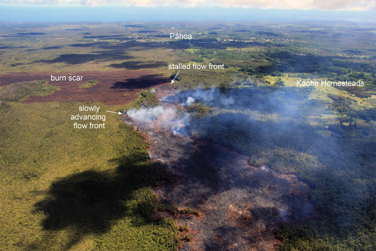 A view of the flow front courtesy the USGS HVO. Pāhoa can be seen near the top of the photograph, to the northeast, and is about 2.1 miles from the stalled flow front.