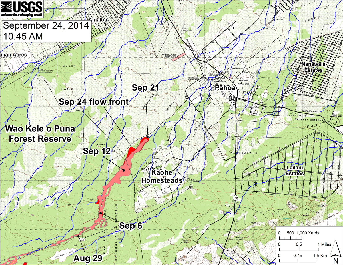 This map, posted on Wednesday by the USGS Hawaiian Volcano Observatory, shows the June 27th lava flow front in relation to nearby Puna communities. "The black dots mark the flow front on specific dates," scientists wrote. "The latitude and longitude of the most-active, slowly advancing breakout on September 24 was 19.473080, -154.981264 (Decimal degrees; WGS84)."