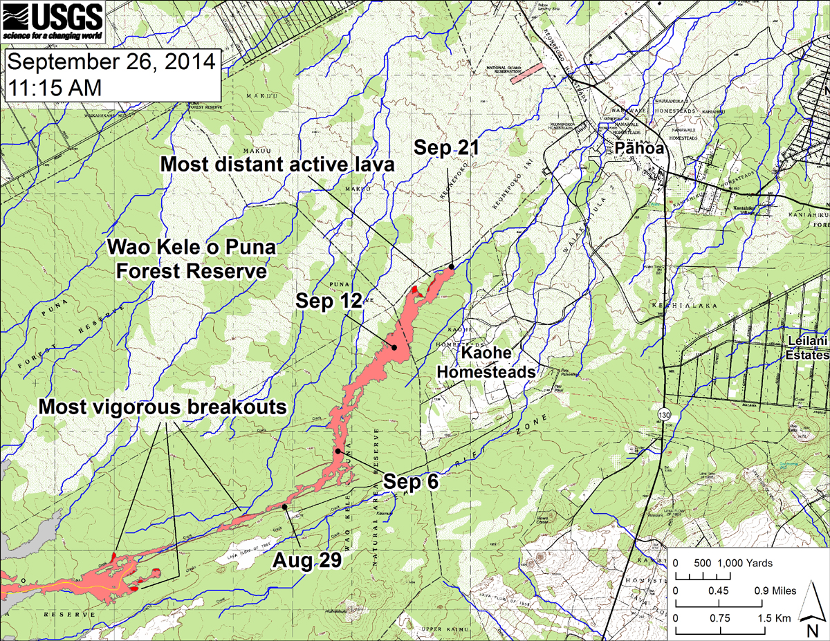 USGS HVO map shows the distal part of the June 27th flow in relation to nearby Puna communities. The black dots mark the flow front on specific dates. The most vigorous breakouts were on top of a pad of lava within the crack system about 5 km (3 miles) back from the stalled front, and midway along the length of the flow just upslope from where lava first entered the crack system.