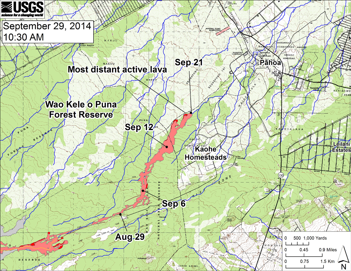 Courtesy USGS HVO (Sept. 29) "This large-scale map shows the distal part of the June 27th flow in relation to nearby Puna communities. The black dots mark the flow front on specific dates. Small breakouts were scattered across the surface of the flow upslope from the stalled front. Several breakouts were also active midway along the length of the flow near where lava first entered the crack system."