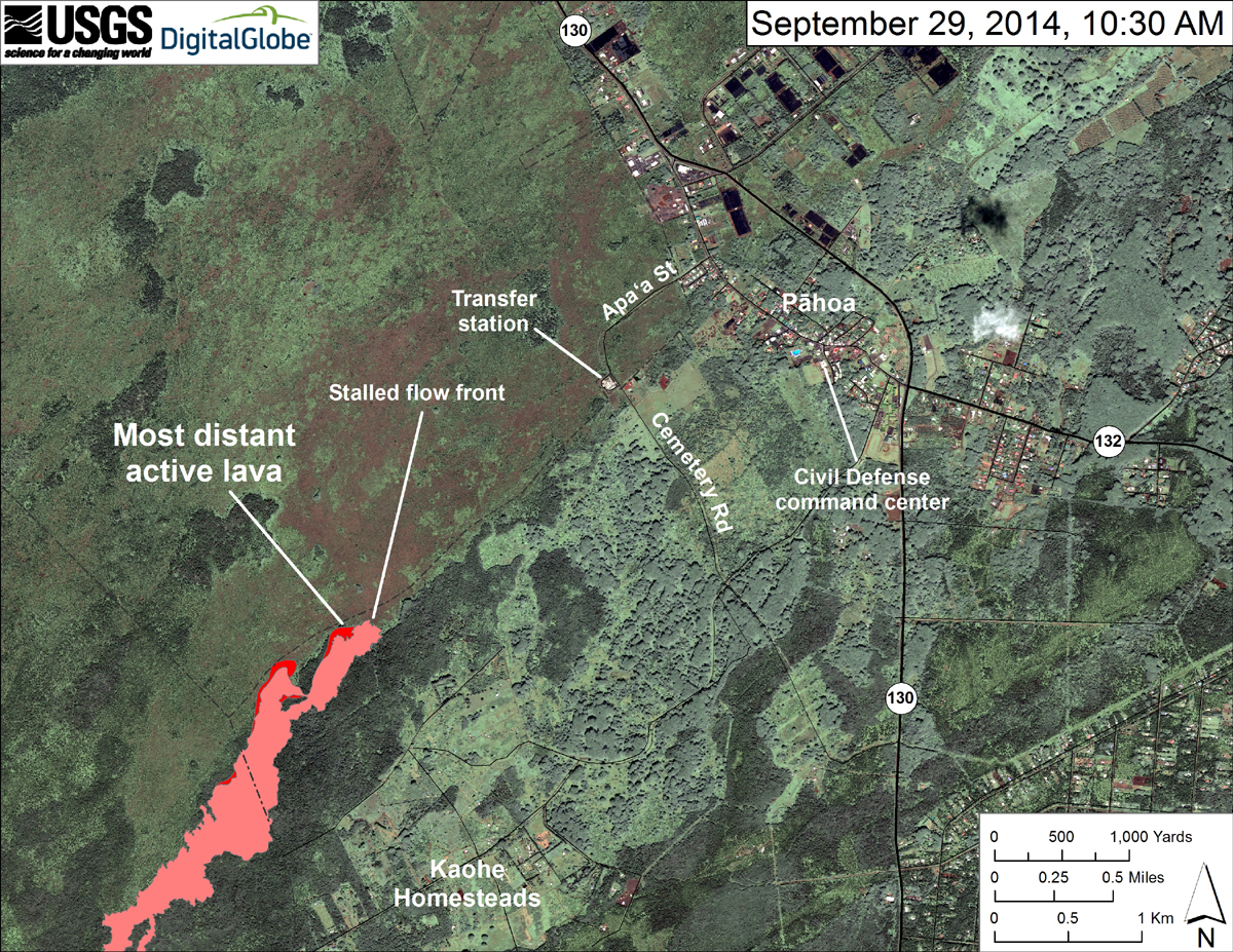 Courtesy USGS HVO (Sept. 29)   "This map uses a satellite image acquired in March 2014 (provided by Digital Globe) as a base to show the area around the front of the June 27th lava flow. Surface activity near the flow front was advancing slowly northeast in two lobes. The lobe farthest from the vent (the closest to Pāhoa) was about 125 m (137 yards) behind the stalled flow front. It traveled about 80 m (87 yards) since Friday, September 26. A second lobe was about 580 m (634 yards) back from the stalled front, and it moved only about 65 m (71 yards) since Friday."