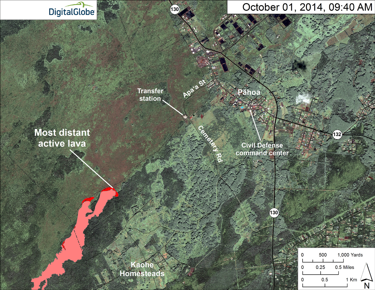 USGS HVO: This map uses a satellite image acquired in March 2014 (provided by Digital Globe) as a base to show the area around the front of the June 27th lava flow. Surface activity near the flow front was advancing slowly northeast in two lobes. The active lobe farthest from the vent (the closest to Pāhoa) has now overtaken the stalled front and extended it by about 30 m (33 yards). It traveled about 150 m (273 yards) since Monday, September 29. A second lobe was about 450 m (492 yards) back from the stalled front, and it moved only about 140 m (153 yards) since Monday.