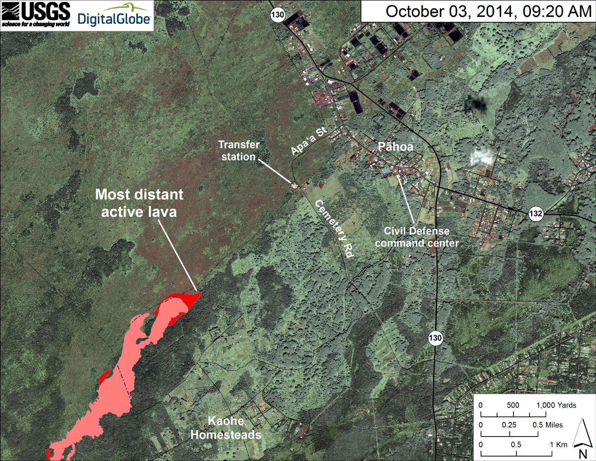USGS HVO: This map uses a satellite image acquired in March 2014 (provided by Digital Globe) as a base to show the area around the front of the June 27th lava flow. Surface activity comprised of Pāhoehoe toes and lobes were scattered across the leading edge of the flow. Lava continued to advance downslope and extended the front by about 270 m (295 yards) since Wednesday, October 1, 2014. 