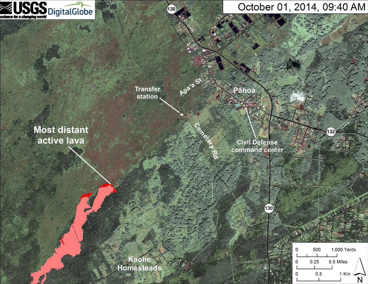 According to USGS HVO, "This map uses a satellite image acquired in March 2014 (provided by Digital Globe) as a base to show the area around the front of the June 27th lava flow. Surface activity near the flow front was advancing slowly northeast in two lobes. The active lobe farthest from the vent (the closest to Pāhoa) has now overtaken the stalled front and extended it by about 30 m (33 yards). It traveled about 150 m (273 yards) since Monday, September 29. A second lobe was about 450 m (492 yards) back from the stalled front, and it moved only about 140 m (153 yards) since Monday."