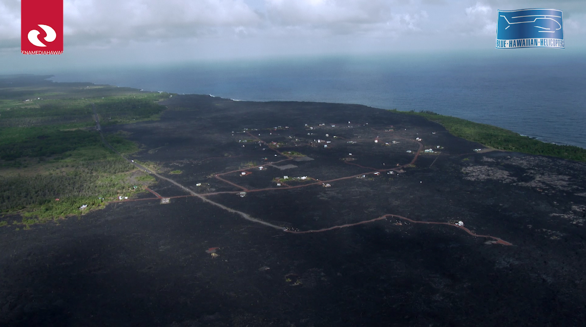 Full frame view of the video showing Kalapana. Image grab from video provided by Ena Media Hawaii, courtesy of Blue Hawaiian Helicopters.