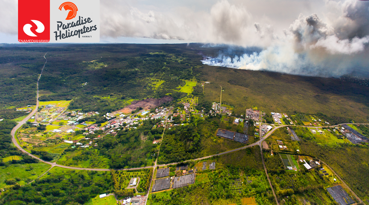 Photo of lava flow and brushfire taken Oct. 6 by Ena Media Hawaii / Paradise Helicopters. Residents of Ainaloa, Orchidland, Kea'au, even all the way up to Hilo, could smell the smoke, and in some cases, could feel the ash, for much of the day.