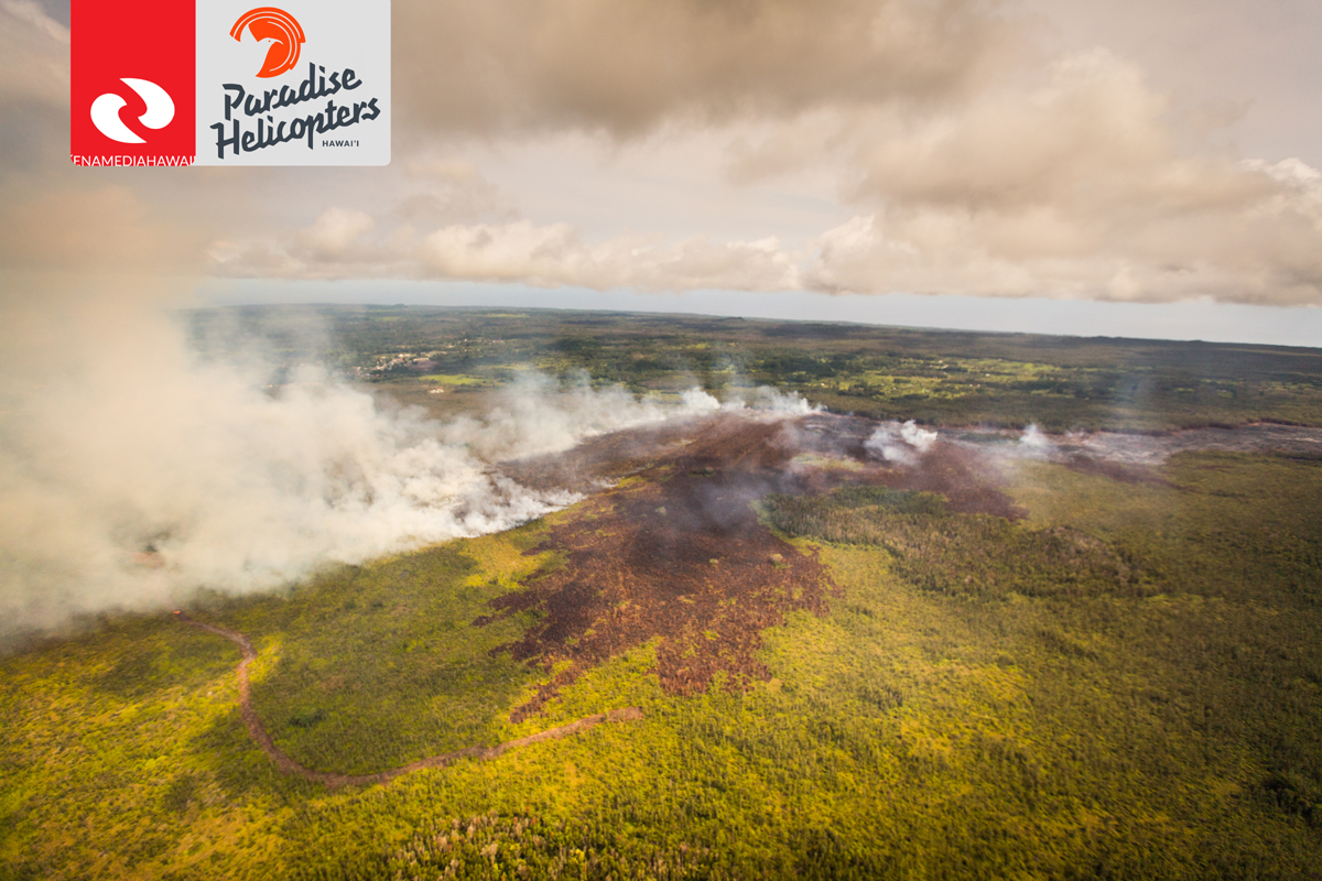 Photo of lava flow and brushfire taken Oct. 6 by Ena Media Hawaii / Paradise Helicopter.