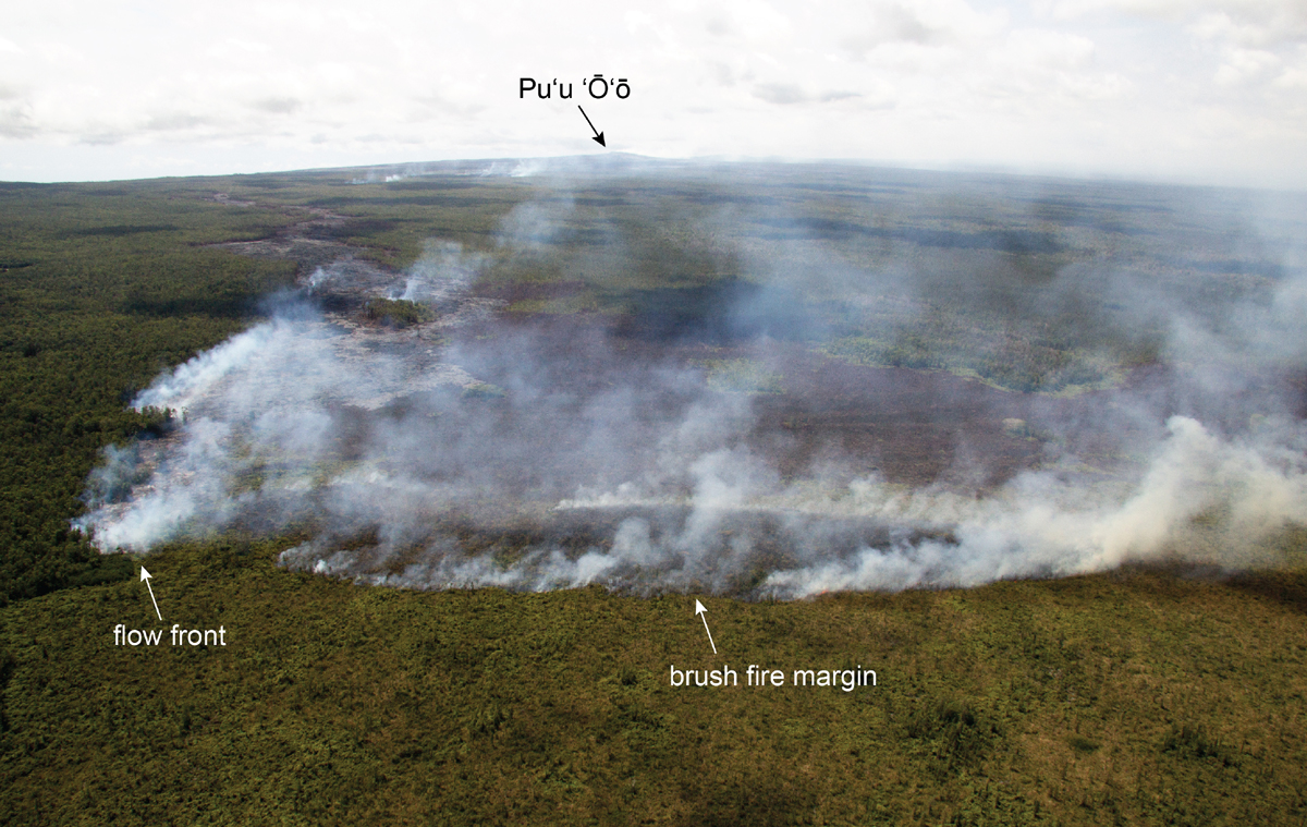 The lava flow also triggered a brush fire that was active north of the flow front this afternoon. This photo is courtesy the USGS Hawaiian Volcano Observatory.