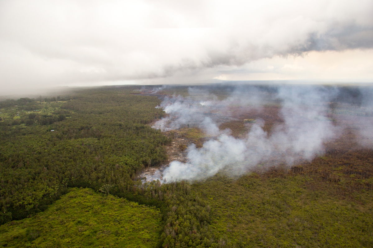 From USGS HVO: "The June 27th lava flow remains active, and continues to slowly advance towards the northeast along the forest boundary. The flow front remains narrow, about 100 m (yards) wide, and was 1.4 km (0.9 miles) from Apaʻa St. and 2.5 km (1.6 miles) from Pāhoa Village Road (as measured along a straight line)."