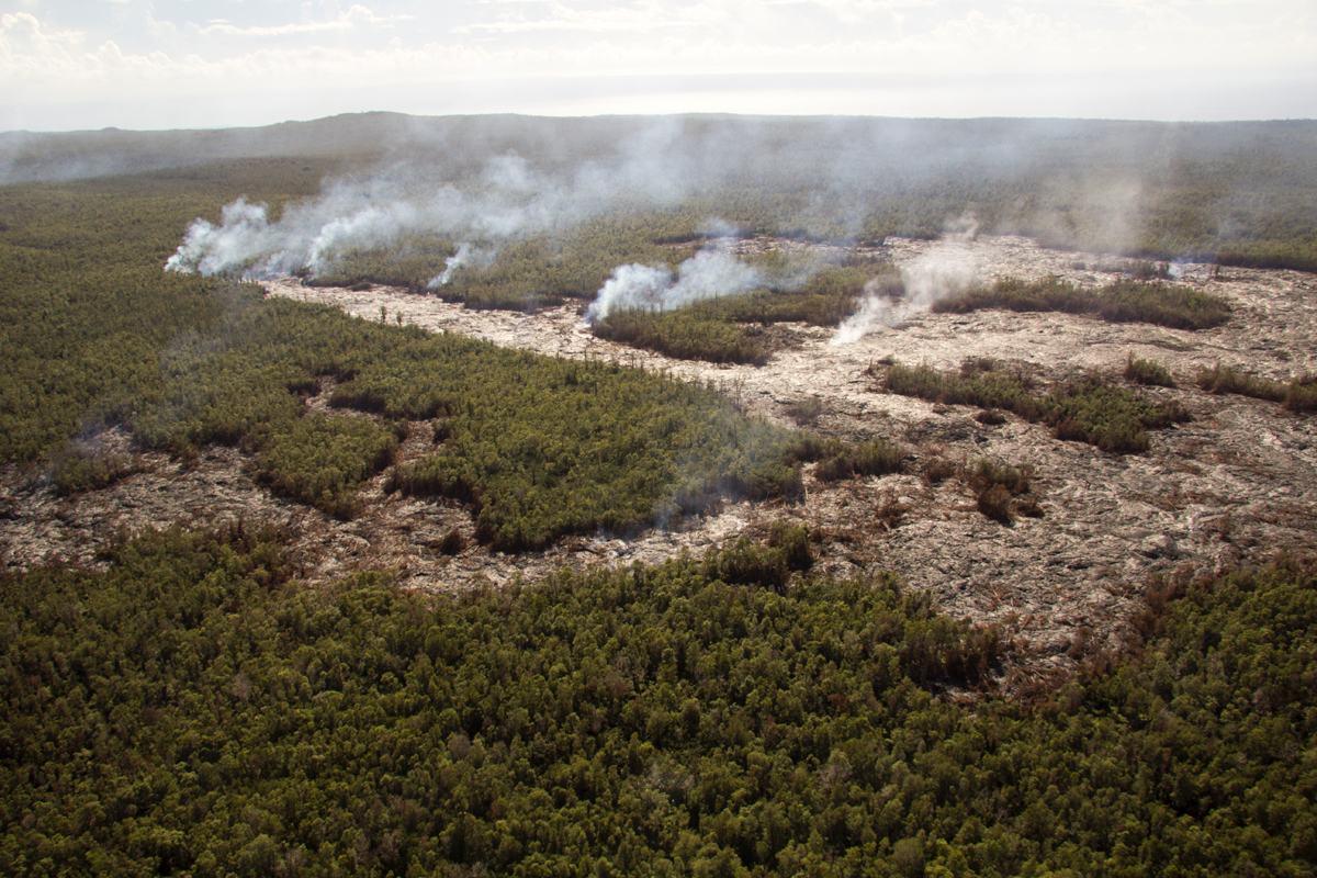 USGS HVO photo from October 13 shows "active breakouts are also scattered around the area that lava first entered ground cracks. The smoke plumes mark spots where individual breakouts are burning vegetation."