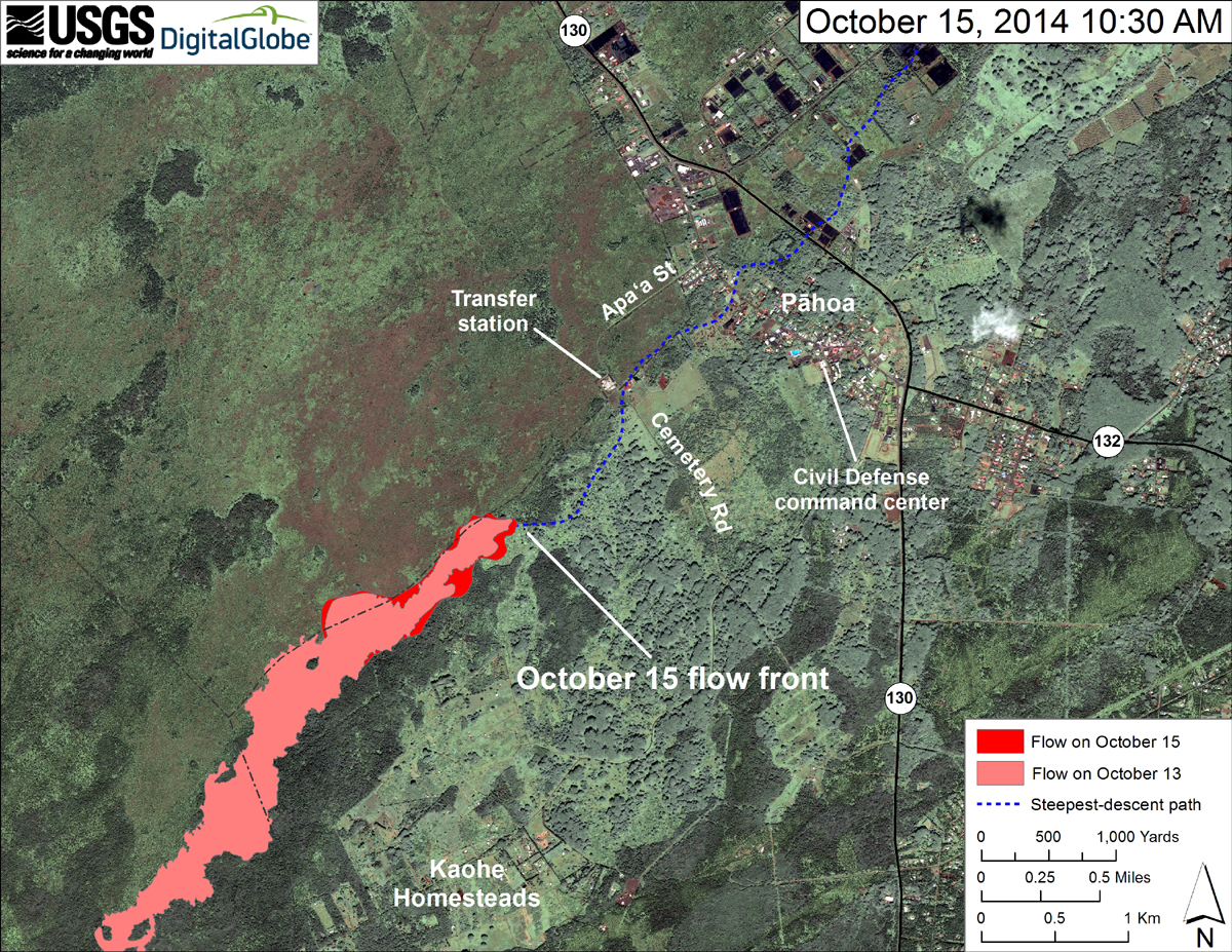 Satellite image of area around flow front, posted by USGS Hawaiian Volcano Observatory on October 15th.