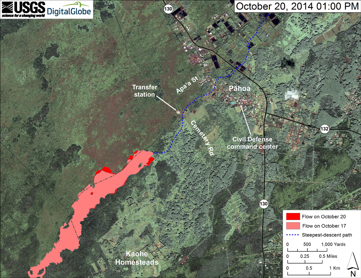 This map uses a satellite image acquired in March 2014 (provided by Digital Globe) as a base to show the area around the front of the June 27th lava flow. The area of the flow on October 17, 2014, at 7:40 AM is shown in pink, while widening and advancement of the flow as mapped on October 20 at 1:00 PM is shown in red. 
