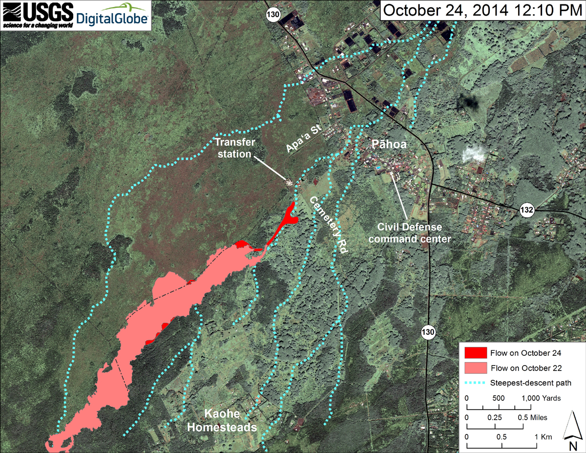 This USGS HVO map uses a satellite image acquired in March 2014 (provided by Digital Globe) as a base to show the area around the front of the June 27th lava flow. The area of the flow on October 22, 2014, at 1:50 PM is shown in pink, while widening and advancement of the flow as mapped on October 24 at 12:10 PM is shown in red.