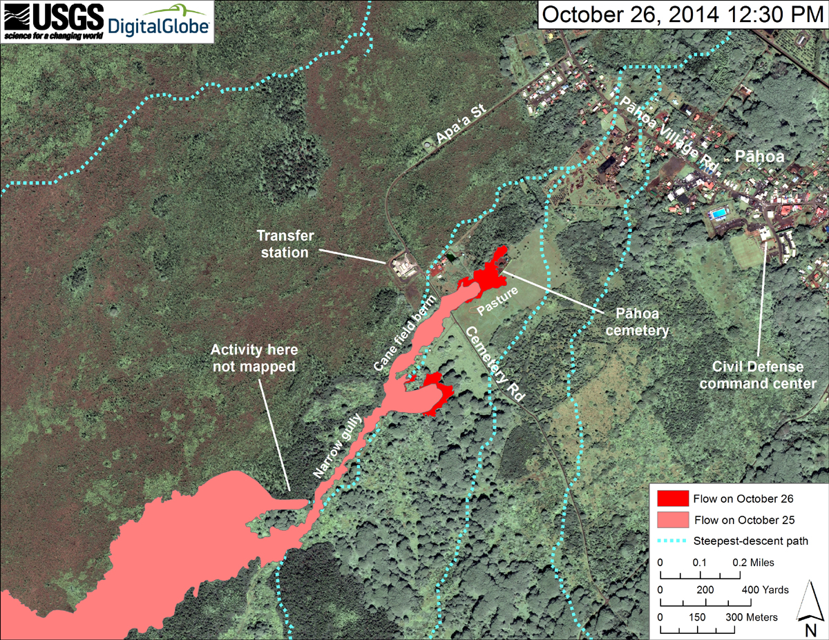 USGS HVO: This map uses a satellite image acquired in March 2014 (provided by Digital Globe) as a base to show the area around the front of the June 27th lava flow. The area of the flow on October 25, 2014, at 5:00 PM is shown in pink, while widening and advancement of the flow as mapped on October 26 at 12:30 PM is shown in red. The dotted blue lines show steepest-descent paths in the area, calculated from a 1983 digital elevation model (DEM). The flow advanced about 190 meters (210 yards) during the preceding 19.5 hours, traveling completely through the cemetery above Pāhoa. At the time of mapping, the flow was 715 meters (780 yards) directly upslope from Pāhoa Village Road. The flow was advancing downslope between two intersecting steepest-descent paths and was trending toward the southern one. The flow will likely return to the original steepest-descent path about 300 m (330 yd) upslope from Pāhoa Village Road, if it continues.