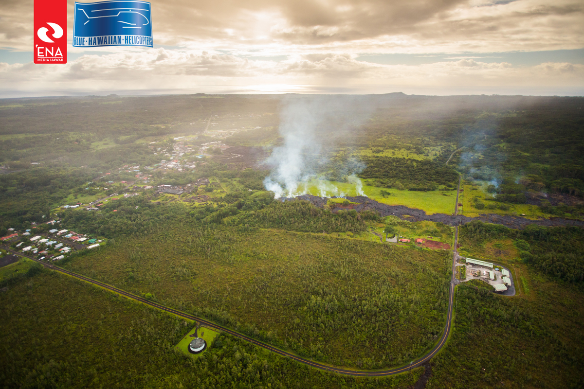 Aerial photo of the lava flow taken on October 27. Courtesy ‘Ena Media Hawai’i/Blue Hawaiian Helicopters.