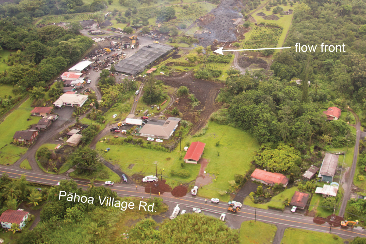 Inset taken from a USGS HVO photo shows the flow front and its proximity to Pāhoa Village Road. Photo was taken just before 10 am.