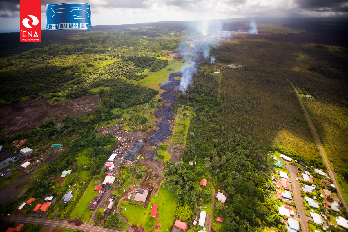 This photo, taken on October 30, illustrates the different breakouts on the north side of the flow. This image is courtesy ‘Ena Media Hawai’i/Blue Hawaiian Helicopters.