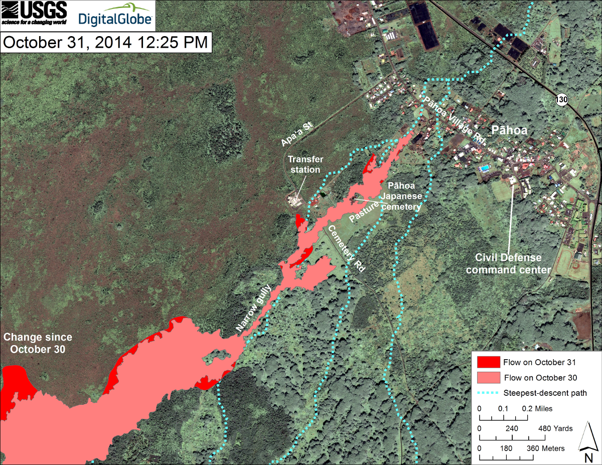 USGS HVO map shows surface activity also continues elsewhere on the flow. A new breakout occurred along the north margin of the flow downslope from Pāhoa cemetery. The breakout was moving downslope along the north margin of the flow, and was active as of 12:25 PM. Another breakout was active along the north margin of the flow just above Apaʻa Street, near the transfer station, and heading in a northwest direction.