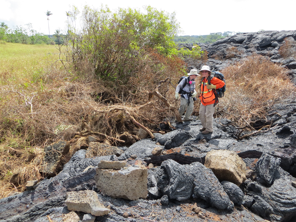 USGS HVO photo shows where a methane explosion in the ground adjacent to the flow margin threw blocks of older lava, some up to half a meter (yard) in diameter, a distance of several meters (yards) onto the flow surface. Just to the left of the geologists is a crater of disrupted ground, with overturned blocks of older lava up to a meter (yard) in size. Methane explosions are a hazard in the immediate vicinity of the flow margin. 