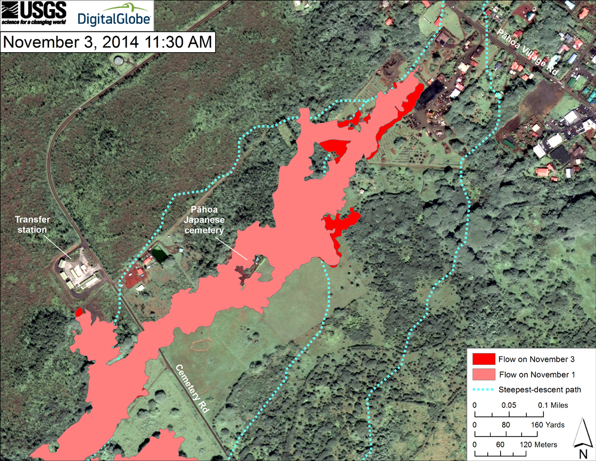 This USGS HVO map uses a satellite image acquired in March 2014 (provided by Digital Globe) as a base to show the area around the front of the June 27th lava flow. The area of the flow on November 1, 2014, at 11:00 AM is shown in pink, while widening and advancement of the flow as mapped on November 3 at 11:30 AM is shown in red. The latitude and longitude of the front of the narrow finger of lava advancing toward Pāhoa was 19.49590, -154.95256 (Decimal Degrees; WGS84). The dotted blue lines show steepest-descent paths in the area, calculated from a 1983 digital elevation model (DEM). The flow has not advanced during the last 24 hours. At the time of mapping, the tip of the flow was stalled, but a few breakouts were active just upslope from the front.