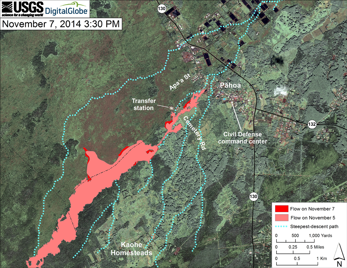 This USGS HVO map uses a satellite image acquired in March 2014 (provided by Digital Globe) as a base to show the area around the front of the June 27th lava flow. The area of the flow on November 5, 2014, at 1:00 PM is shown in pink, while widening and advancement of the flow as mapped on November 7 at 3:30 PM is shown in red.