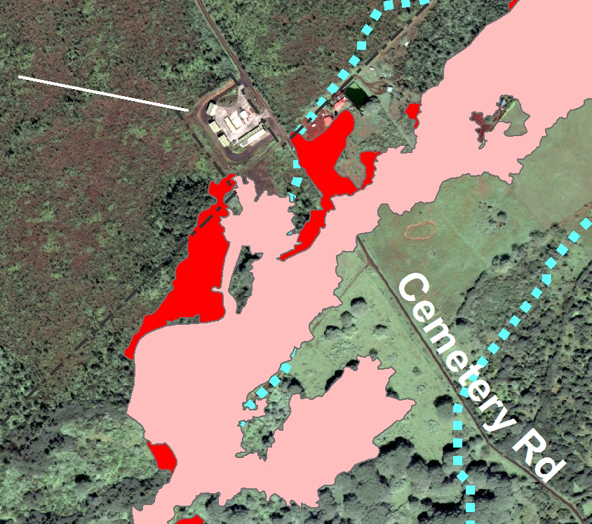 Inset of the Nov. 10 USGS map. The home that burned down can be seen  on the north edge of the flow, on the makai side of Cemetery Road.