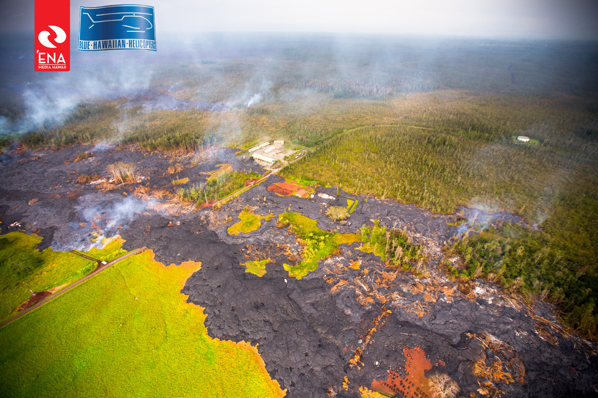 View over the flow field looking upslope. The transfer station is seen near the center of the photo. Courtesy Ena Media Hawaii on Nov. 13, 2014.