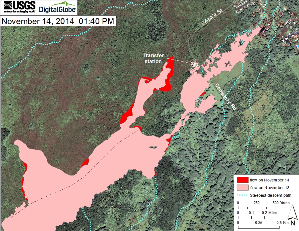 This USGS HVO map uses a satellite image acquired in March 2014 (provided by Digital Globe) as a base at 1:13,000 scale to show the area around the front of the June 27th lava flow. The area of the flow as mapped on November 12 and 13, 2014, is shown in pink, while widening and advancement of the flow as mapped on November 14, at 1:40 PM is shown in red. 