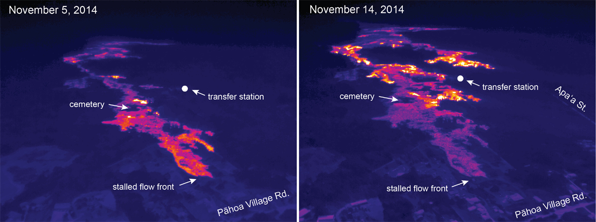 These thermal images, produced by USGS HVO, compare activity around the flow front on November 5 and 14, 2014. White and yellow colors show areas of active breakouts. On November 5 relatively few breakouts were active in this portion of the June 27th flow, with a few small breakouts near the cemetery and one breakout a few hundred meters upslope of the transfer station. On November 14, however, scattered breakouts were abundant in this area, with new activity significantly expanding the flow margins around the cemetery and a new lobe active upslope of the transfer station.