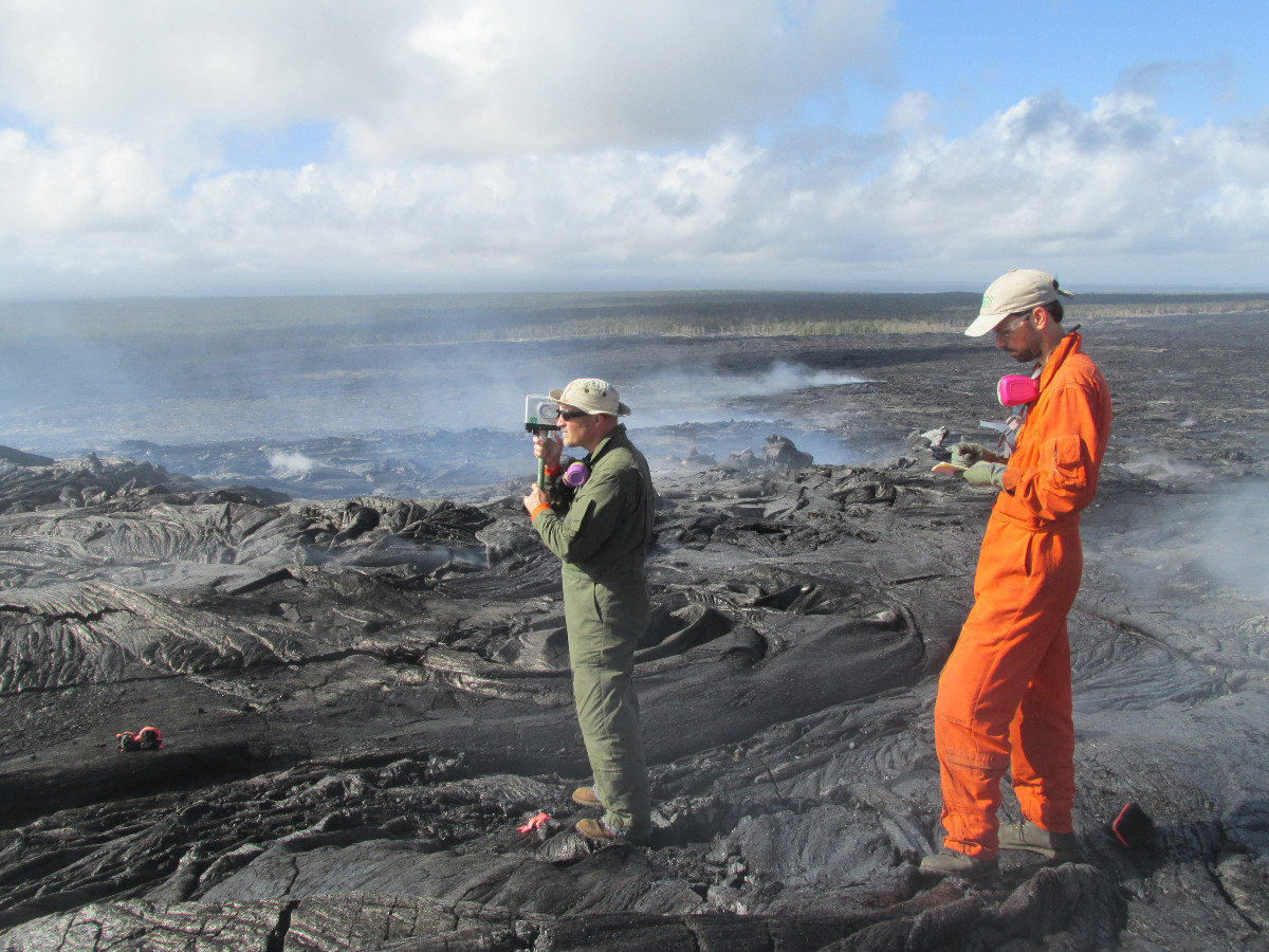 Geologists survey the cross-sectional area of the lava tube using Very Low Frequency (VLF) measurements. (Nov. 17 - USGS HVO)