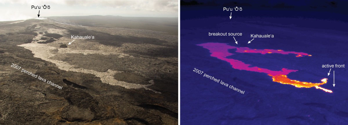 A comparison of a normal photograph with a thermal image of the new breakout near Puʻu Kahaualeʻa. The breakout consists of two separate lobes, with the longer, and more active, one traveling northeast along the base of the 2007 perched lava channel. (Nov. 17 - USGS HVO)