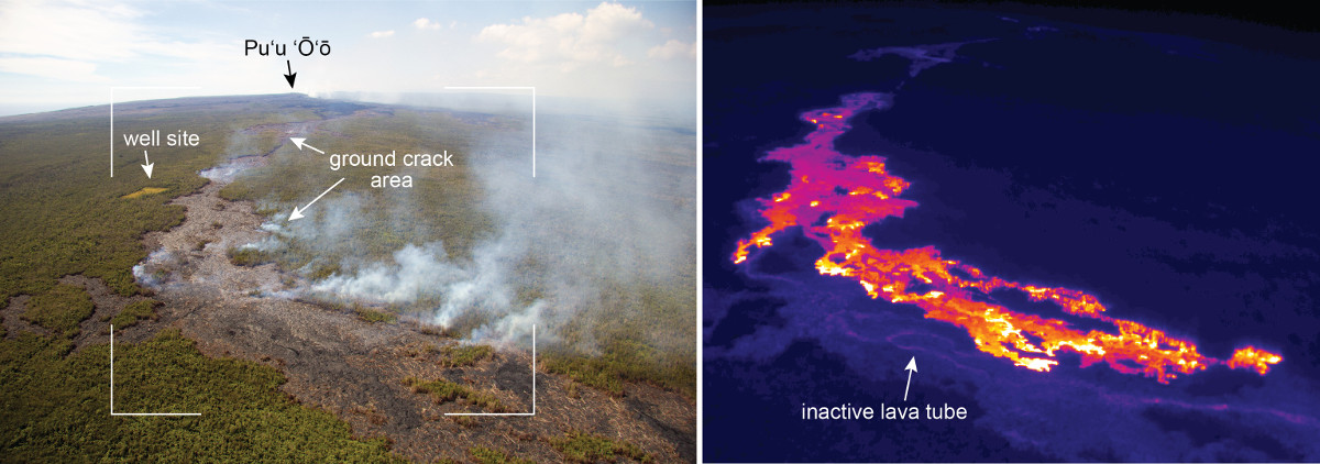 USGS HVO offers a comparison of a normal photograph with a thermal image of the breakout active in the area of ground cracks. The white box shows the rough extent of the thermal image. The thermal image shows the location of active pāhoehoe lobes scattered over the area of the breakout, with activity slowly advancing downslope towards the north (right side of images). 