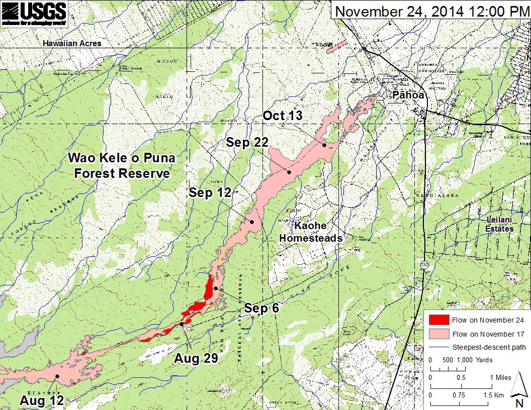 This large-scale USGS map shows the June 27th lava flow in Kīlauea’s East Rift Zone in relation to nearby Puna communities. The area of the flow on November 17, 2014, at 2:00 PM is shown in pink, while widening and advancement of the flow as mapped on November 24 at 12:00 PM is shown in red.