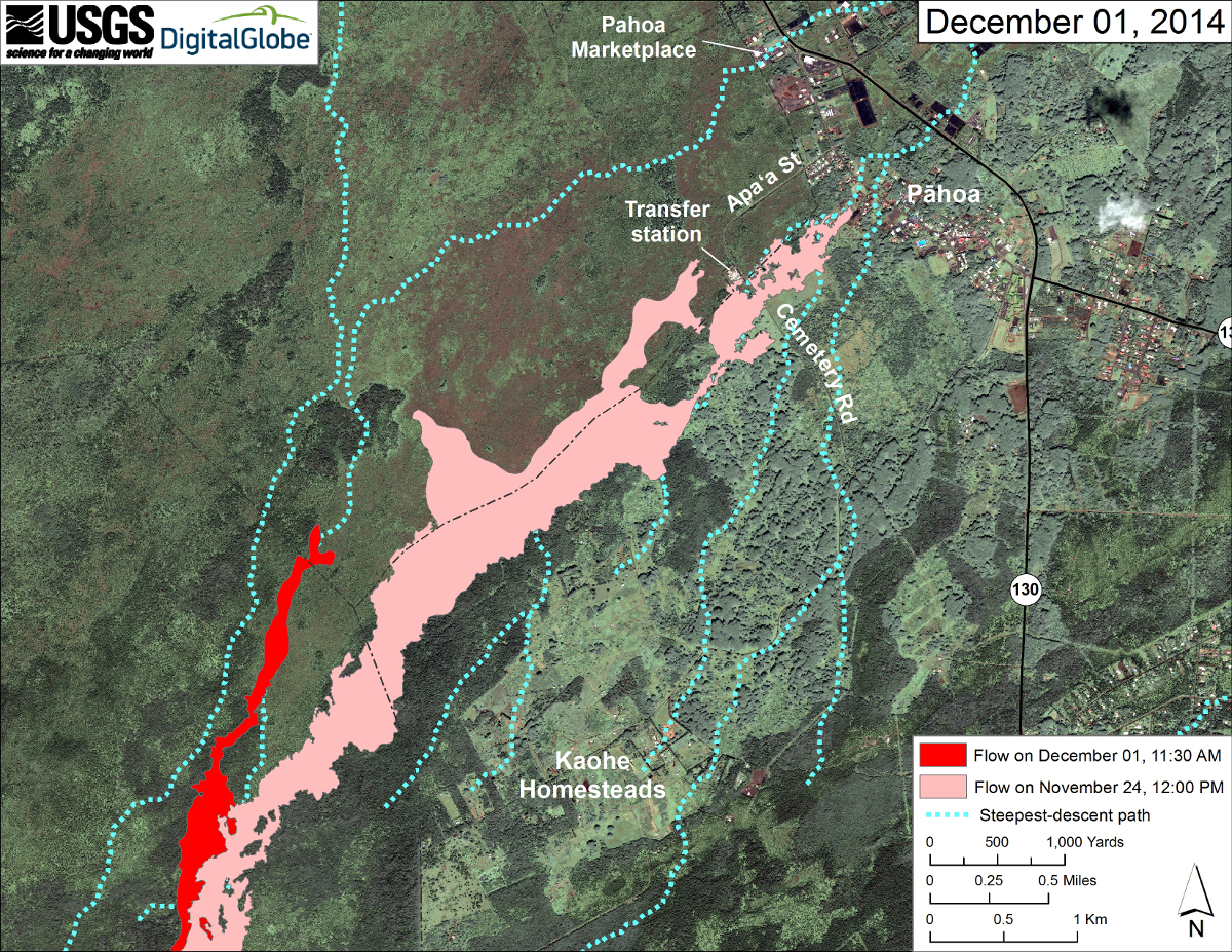 Satellite image of area around flow front, courtesy USGS HVO