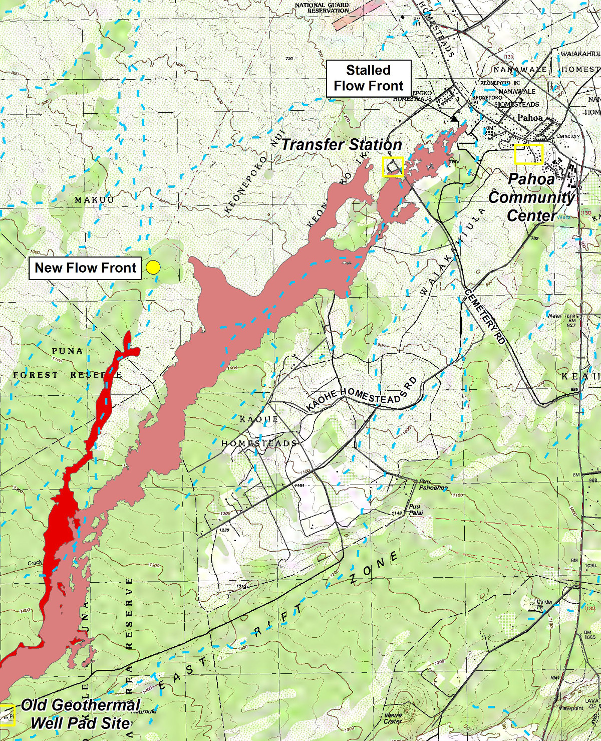 Inset of a civil defense map posted on Dec. 4. The yellow dot is the  location of the distal tip of the active flow front.