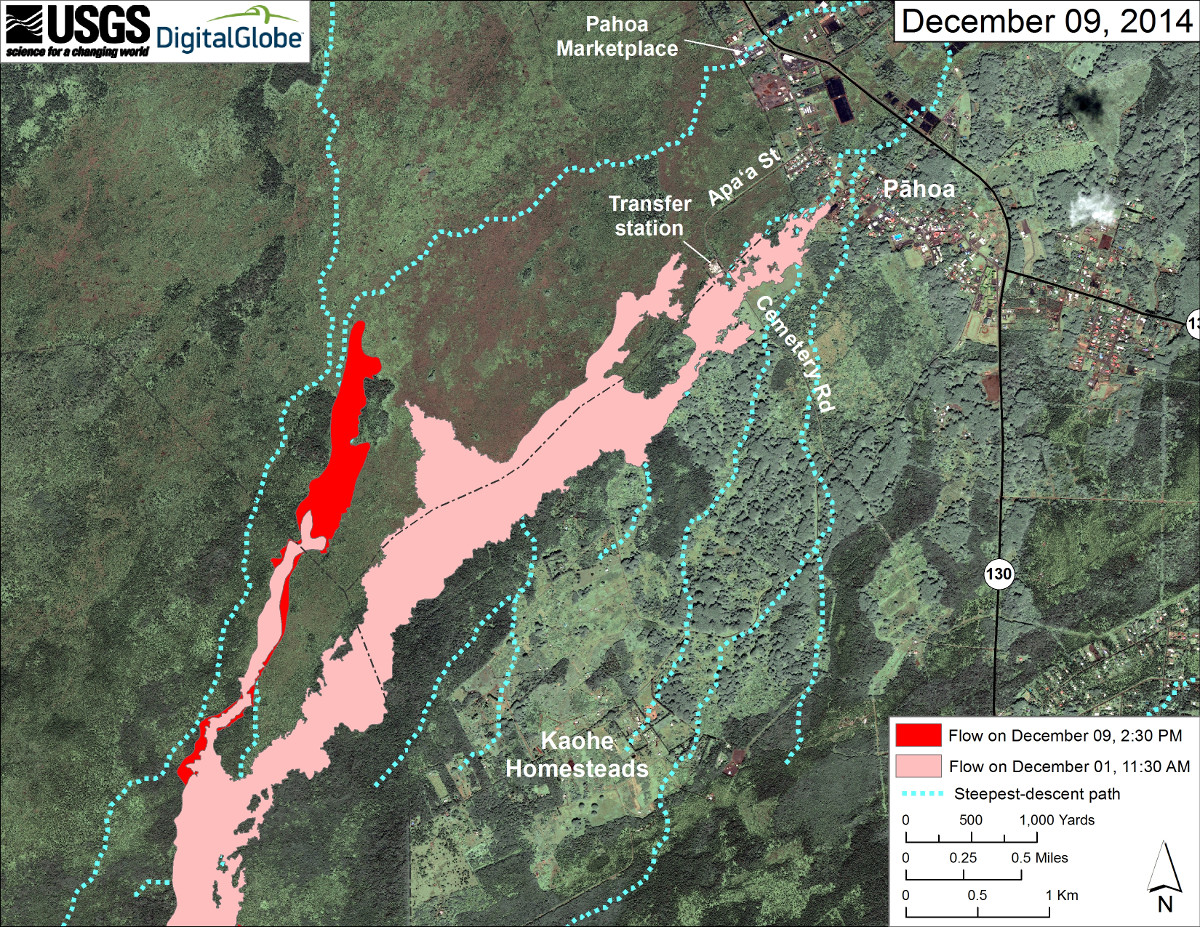 This USGS map uses a satellite image acquired in March 2014 (provided by Digital Globe) as a base to show the area around the front of Kīlauea’s active East Rift Zone lava flow. The area of the flow on December 1, 2014, at 11:30 AM is shown in pink, while widening and advancement of the flow as mapped on December 9 at 2:30 PM is shown in red.