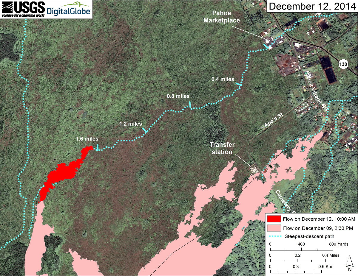 Satellite image of area around front of Kīlauea’s East Rift Zone lava flow, provided by USGS HVO.