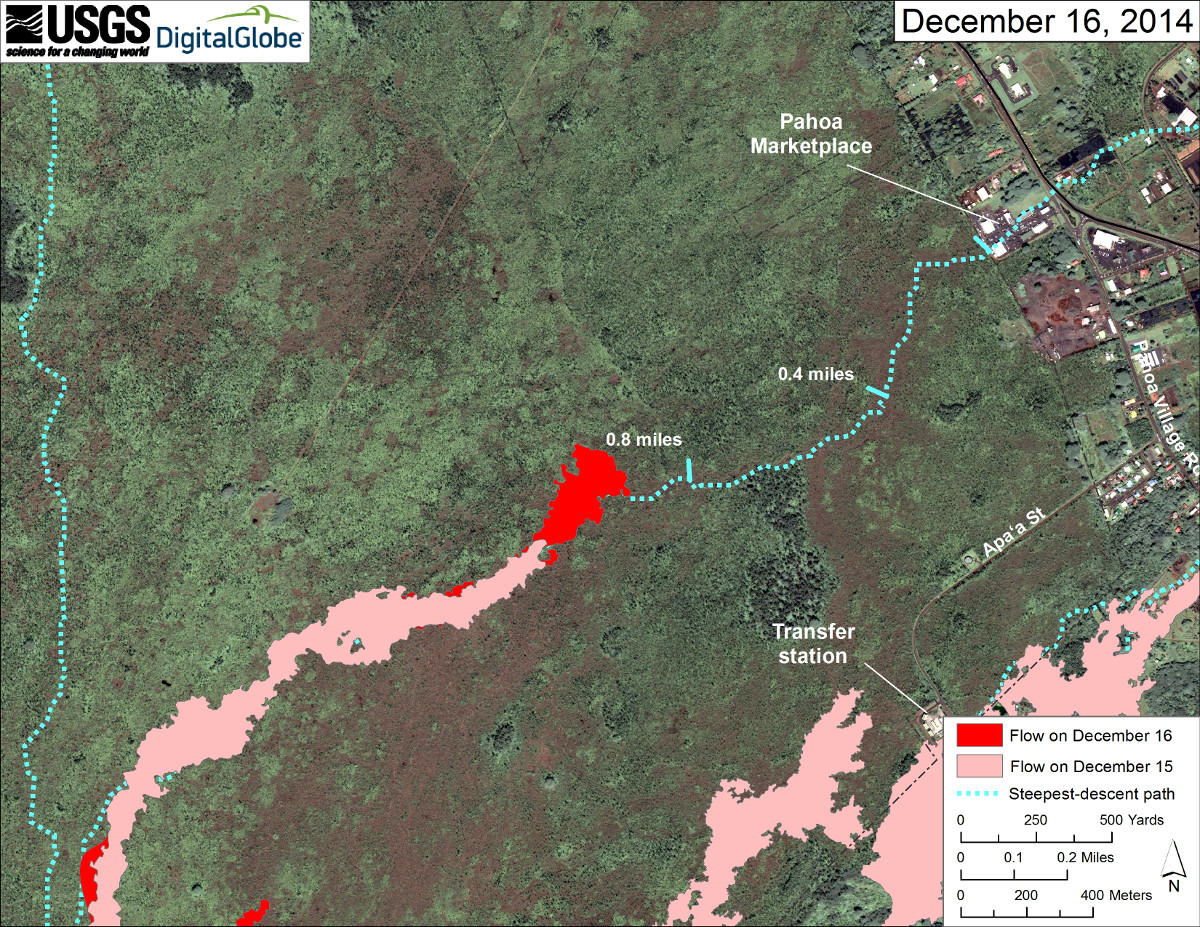 USGS HVO satellite image of area around flow front. This map uses a satellite image acquired in March 2014 (provided by Digital Globe) as a base to show the area around the front of Kīlauea’s active East Rift Zone lava flow. The area of the flow early yesterday morning (December 15) is shown in pink, while advancement of the flow as mapped on December 16 at 11:15 AM is shown in red.