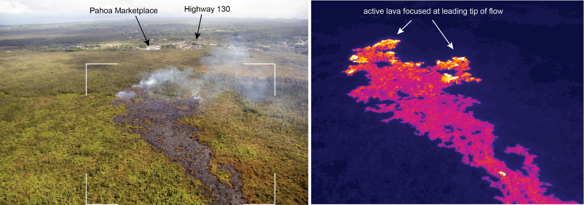 This USGS image shows a comparison of a normal photograph looking downslope with a thermal image. The white box shows the rough extent of the thermal image. In the thermal image, white and yellow pixels show active surface lava, which is focused along the leading edge of the flow.