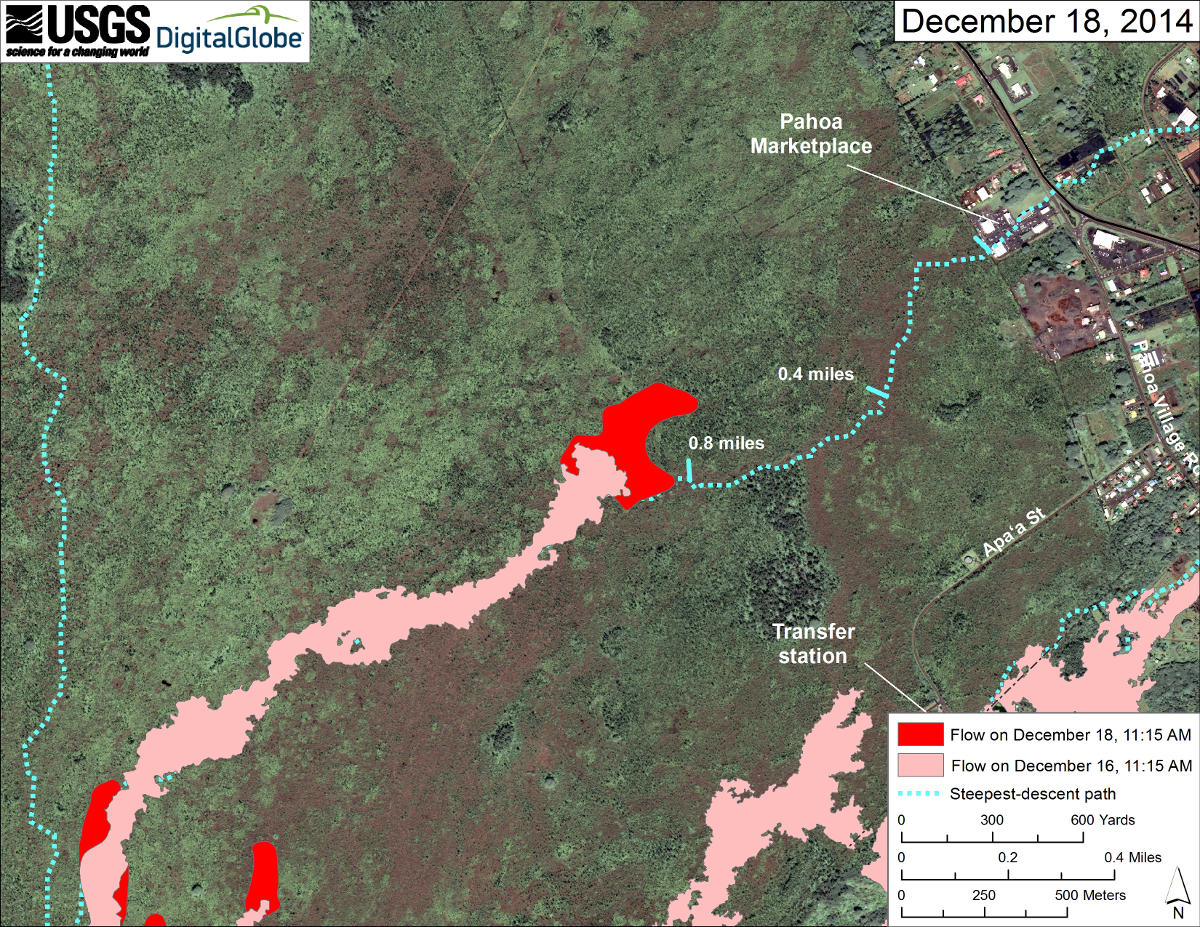 This USGS map uses a satellite image acquired in March 2014 (provided by Digital Globe) as a base to show the area around the front of Kīlauea’s active East Rift Zone lava flow. The area of the flow on December 16 at 11:15 AM is shown in pink, while widening and advancement of the flow as mapped on December 18 at 11:15 AM is shown in red