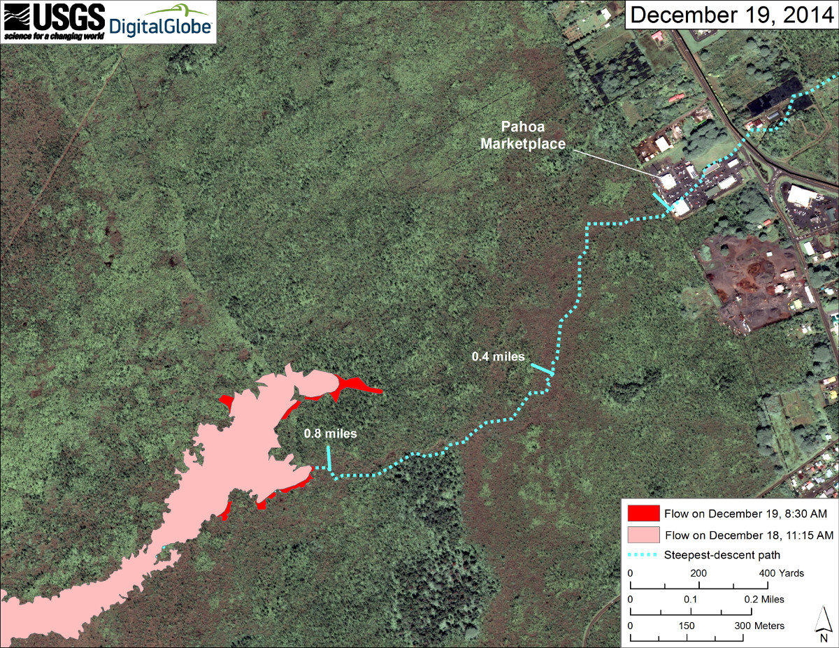 This USGS map uses a satellite image acquired in March 2014 (provided by Digital Globe) as a base to show the area around the front of Kīlauea’s active East Rift Zone lava flow. The area of the flow on December 18 at 11:15 AM is shown in pink, while widening and advancement of the flow as mapped on December 19 at 8:30 a.m. is shown in red.
