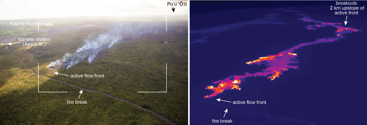 Dec. 22: This USGS image compares a normal photograph of the active flow front with a thermal image. The white box shows the rough extent of the thermal image. In the thermal image, white and yellow pixels show areas of active breakouts. The thermal image shows that small breakouts are present near the leading tip of the flow, and that many other breakouts are active upslope.