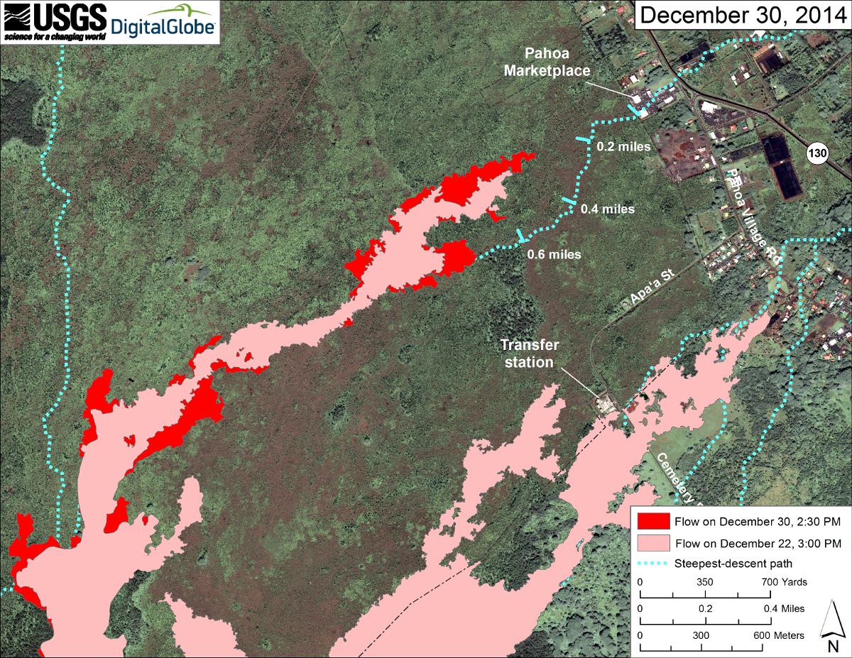 This large-scale USGS map uses a satellite image acquired in March 2014 (provided by Digital Globe) as a base to show the area around the front of Kīlauea’s active East Rift Zone lava flow. The area of the flow on December 22 at 3:00 PM is shown in pink, while widening and advancement of the flow as mapped on December 30 at 2:30 PM is shown in red. The downslope tip of the flow was stalled about 530 m (580 yards) upslope from the Pahoa Marketplace at 19.498695 , -154.969467 (Decimal Degrees ), but weak activity was present about 50 m (55 yards) behind the front. Other small breakouts were sparsely scattered across the flow up to about 3 km (2 miles) upslope from the stalled tip (and others even farther upslope), but most of the activity was concentrated along the leading 1 km (0.6 miles) of the flow. This differs from the previous few weeks and is not an increase in activity near the flow front, but rather a decrease in activity farther upslope.