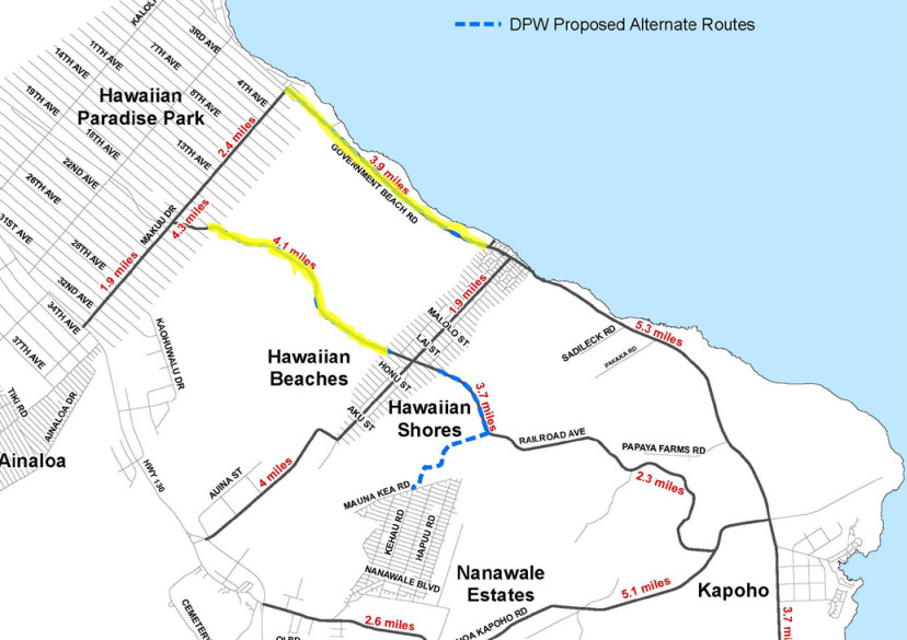 Portion of the Hawaii County map showing alternate access plans for Puna.